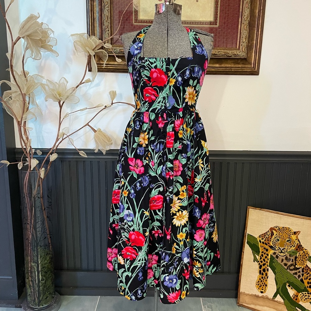 Vintage 80s Together! Floral Fit & Flare Halter Button Sun Dress - Sz 2P
